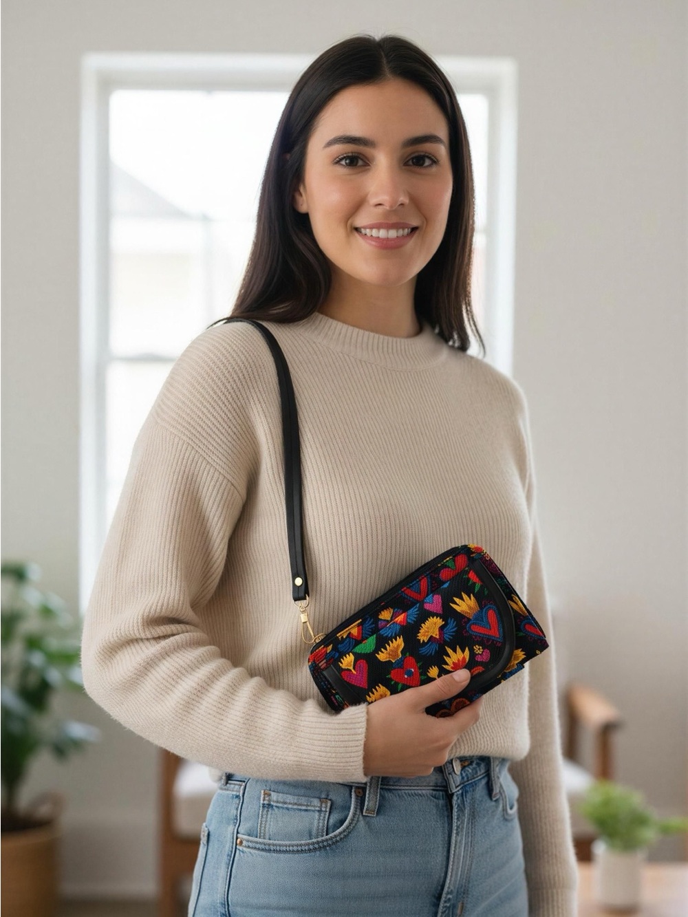 Hand Crafted Black Wristlet /Crossbody with Multicolor Heart & Floral Print